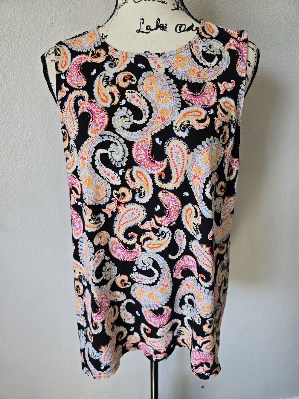 J. Jill Women's L Knit Top ~ Black Paisley Sleeveless Cotton Modal Tank